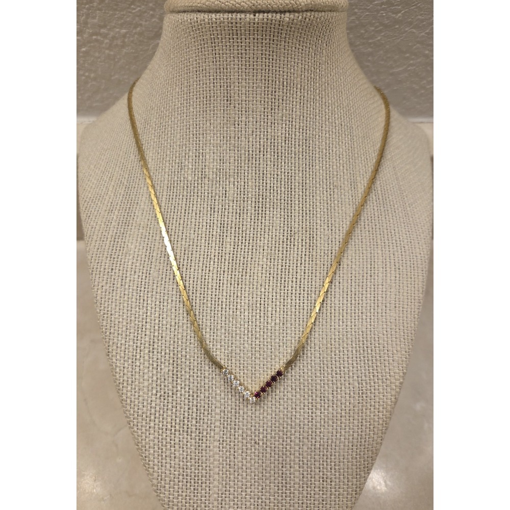 Vintage Gold Plated V Chain With Red and Clear CZ Stones CZ Rhinestone 18" 1980s